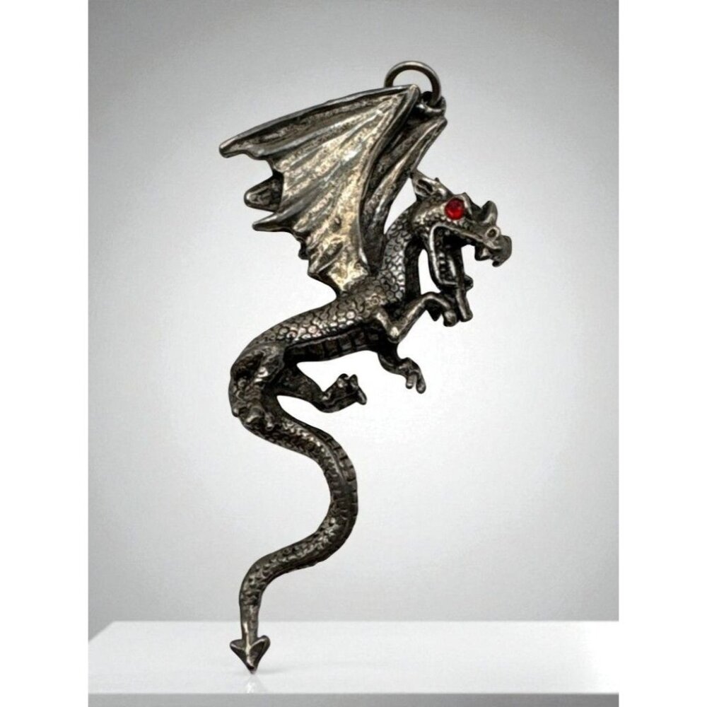 Silver Tone Large Dragon Pendant Charm Red Rhinestone Eye Mystical Fantasy